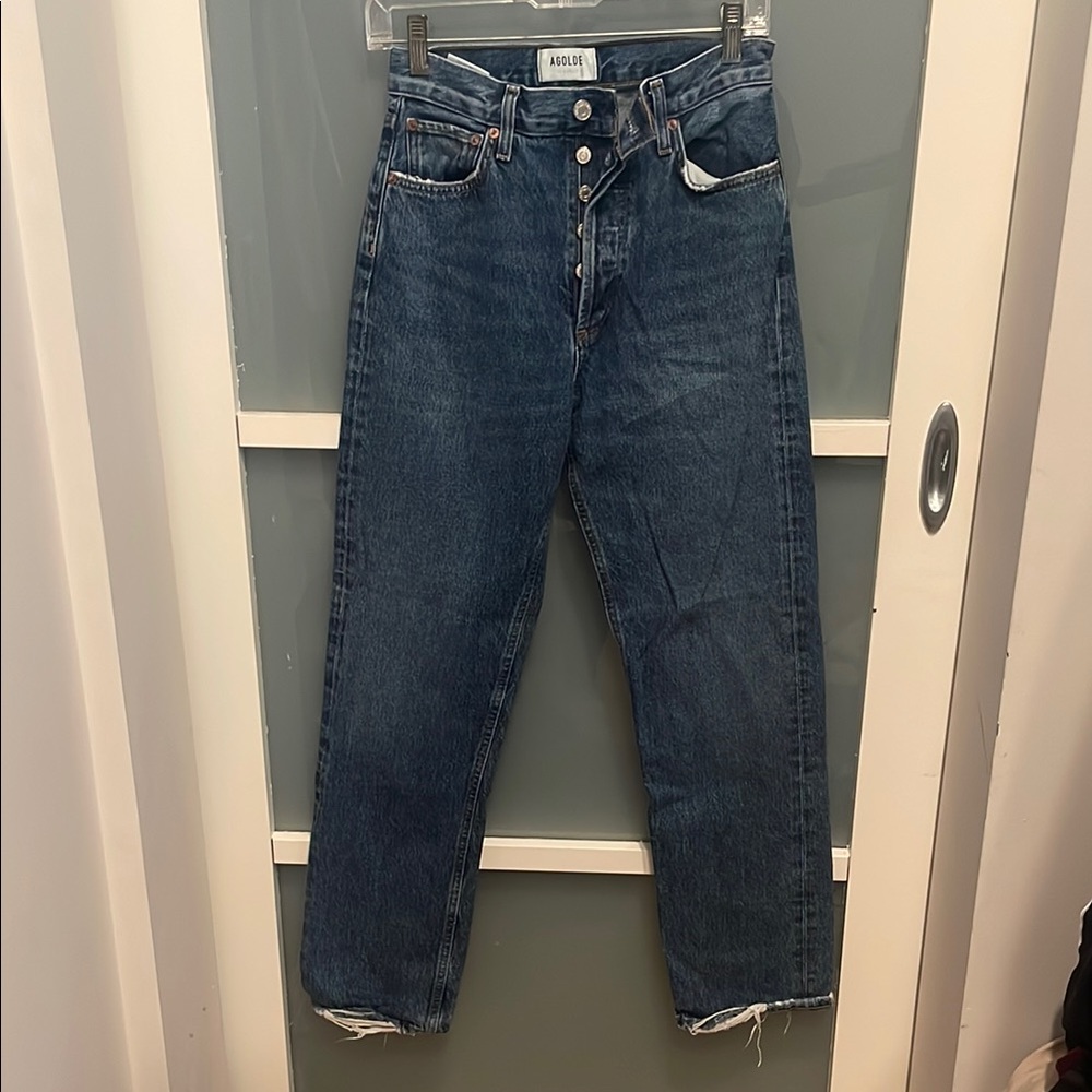 Agolde Blue Straight Leg Denim Jeans with Distressed Hem, 25